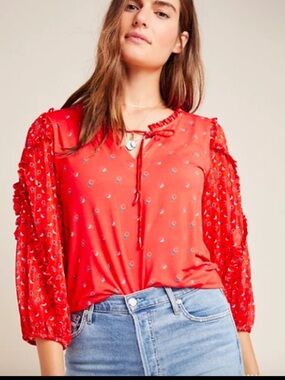 Anthropologie Red Floral Tie-Front Blouse with Textured Balloon Sleeves